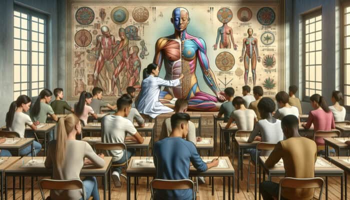 Students learning acupuncture in a classroom setting, with anatomy charts and a mentor demonstrating techniques.