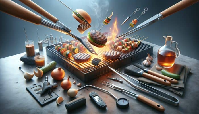 High-quality grill tools in use: spatula, tongs, thermometer, brush, skewers, gloves, injector.