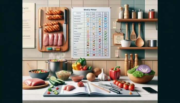 A kitchen counter with a meal planner, shopping list, and prepped ingredients like vegetables and proteins.