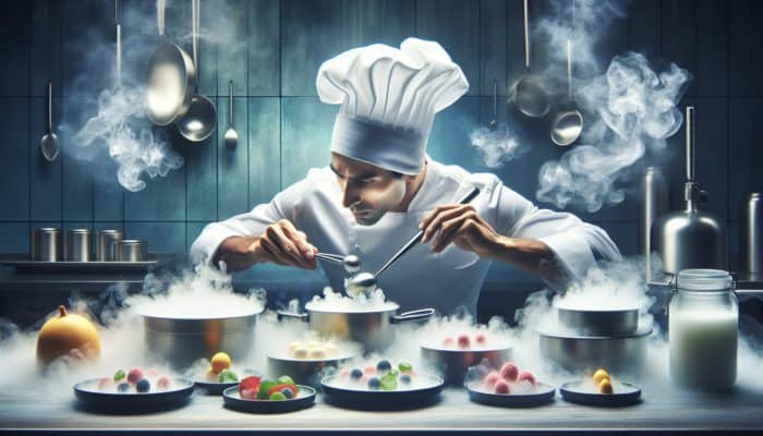 A chef using liquid nitrogen in a futuristic kitchen, creating colourful, frozen dishes amidst vapor clouds.