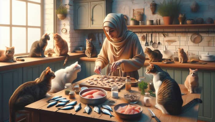 A person making gourmet cat treats in a cosy kitchen, surrounded by curious cats and ingredients.