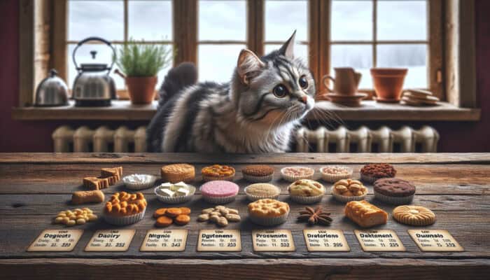 Cat sniffing homemade treats labelled with allergens like dairy and proteins on a rustic table.