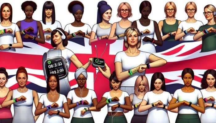 Women’s Health and Wearable Tech: UK women using smartwatches and fitness trackers for health monitoring and empowerment.