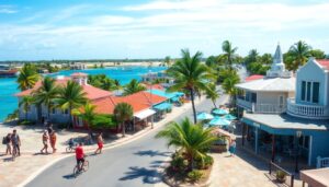 A coastal town scene in Corozal Town, Belize, where people walk and bike along colourful streets lined with palm trees, outdoor cafés, and real estate options that highlight the area’s affordable living by blue water and boats under a clear sky.