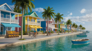 A line of colourful houses along a waterfront street with palm trees in Corozal Town, Belize. People ride bicycles on the sidewalk, small boats float on clear waters, and fruit stands are visible on the left—ideal for those seeking affordable living.