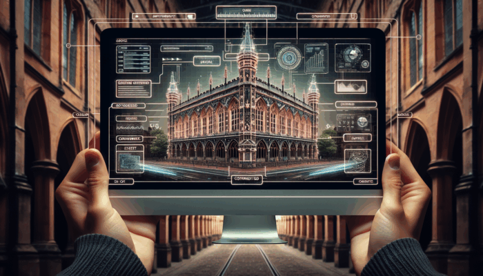 A computer screen showing SEO-optimised web page elements, with Exeter's historic architecture in the background.