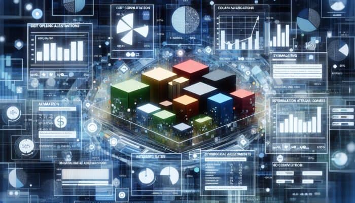 Online Debt Consolidation Loan Simulators: UK Guide | DCL A digital interface showing various debt consolidation loan options with graphs and data visualisations.