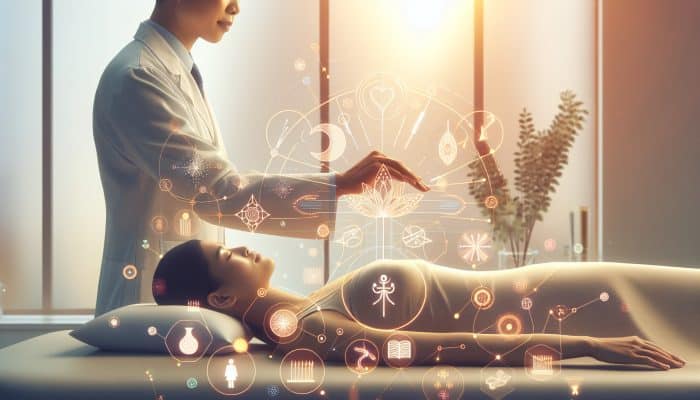 A serene acupuncture clinic for women with soft lighting and a female practitioner treating a patient.