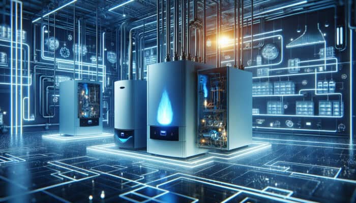 Modern boiler room with gas boiler's blue flames, oil boiler's fuel lines, and electric boiler's glowing coils generating steam.