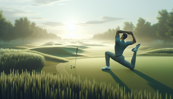 Golfer performing dynamic stretches and swings on a misty green course at dawn.