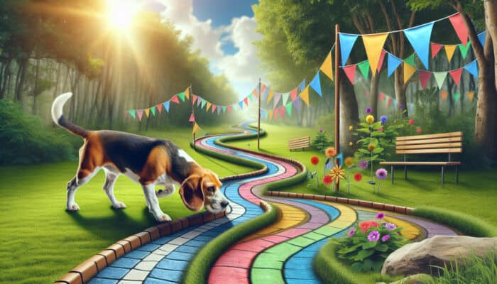 A determined beagle sniffs a winding trail marked by colorful cones and flags in a lush wooded park with urban elements under a bright sky.