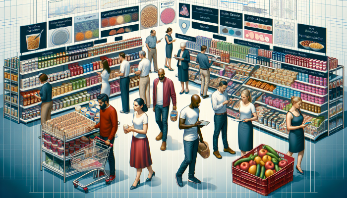 Trends in Functional Foods: Diverse consumers choosing health-focused functional foods in a bustling UK market, symbolizing growth and evolving preferences.