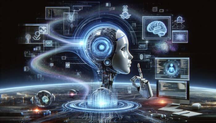 Holographic AI assistant evolving from basic robot to sophisticated entity, surrounded by swirling code streams, neural networks, and futuristic interfaces.