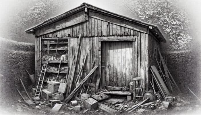 Advanced Techniques for UK Shed Clearance: A dilapidated wooden shed with rot, rust, and a leaking roof, surrounded by old tools and sentimental items.