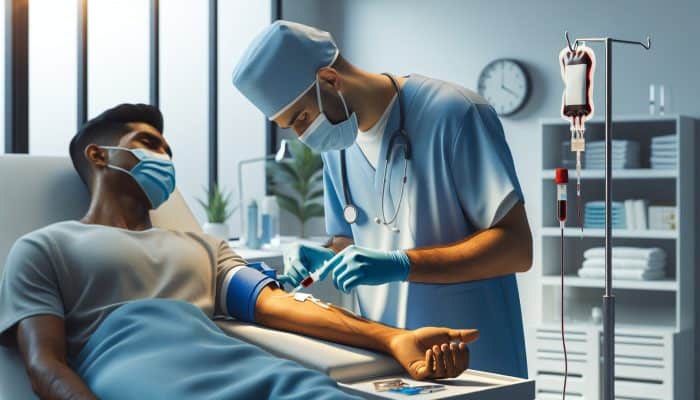 A nurse in blue scrubs draws blood from a relaxed patient's arm in a clinic, then applies a cold compress to reduce swelling.