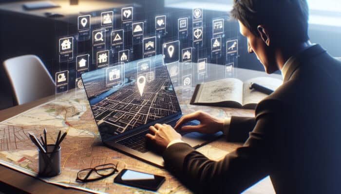 Individual using a laptop to browse UK rental listings, surrounded by maps and notes, illustrating both city and suburban properties.