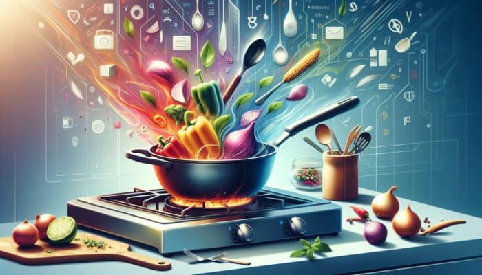 A sizzling skillet on a stove with colourful peppers, onions, and herbs, next to a tablet showing cooking recommendations.