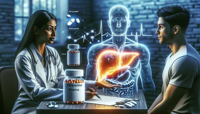 Doctor in NHS clinic discussing medication risks with patient, surrounded by paracetamol, statins bottles, glowing liver diagram, and health charts.