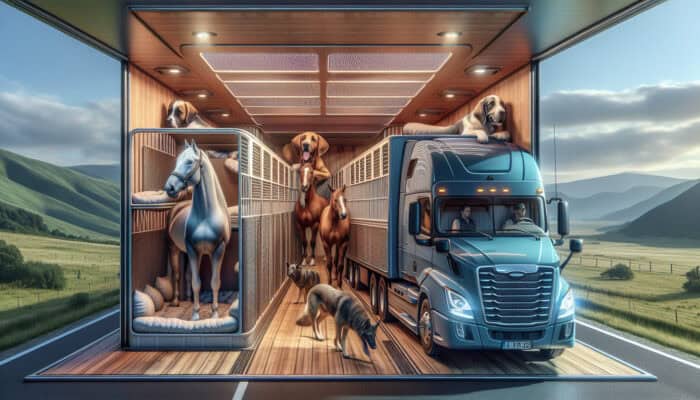 A modern truck transports relaxed horses and dogs in ventilated, padded compartments with attentive handlers, enhancing animal well-being.