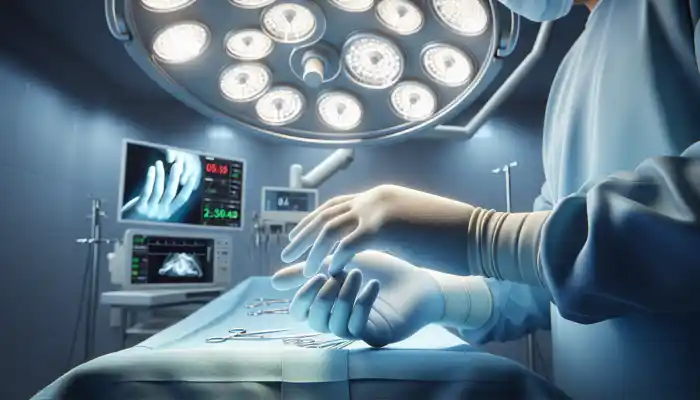 Key Types of Disposable Gloves: A surgeon's hands in snug blue latex gloves perform a precise procedure in a sterile NHS theatre under bright lights.