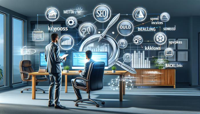 A digital analyst in a cozy Newton Abbot office reviews SEO dashboards surrounded by icons of keywords, meta tags, and audit elements.