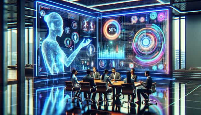 Sleek high-tech office with holographic virtual assistants automating data entry; consultants in client meetings; graphs showing 50% efficiency boost.