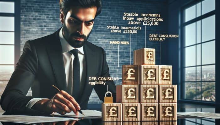 Eligibility for Large Debt Consolidation Loans | DCL Eligibility for Large Debt Consolidation Loans: A financial advisor in a modern London office reviews loan applications, surrounded by graphs of incomes over £25,000, pound notes, and debt documents.
