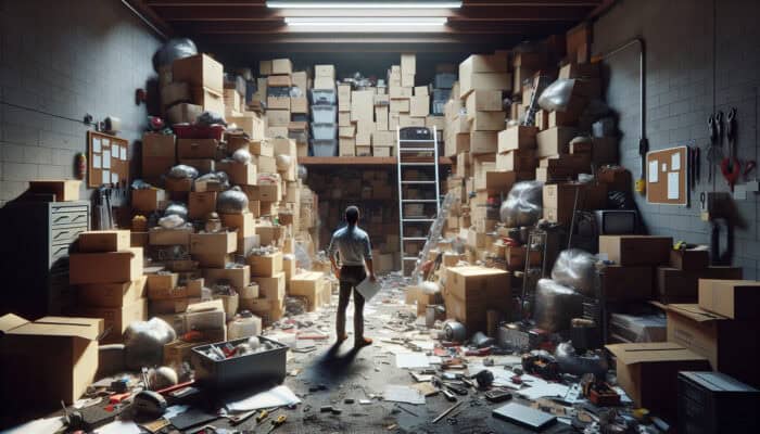 Homeowner planning in a cluttered garage with towering boxes, scattered tools, and hidden items under fluorescent lights.