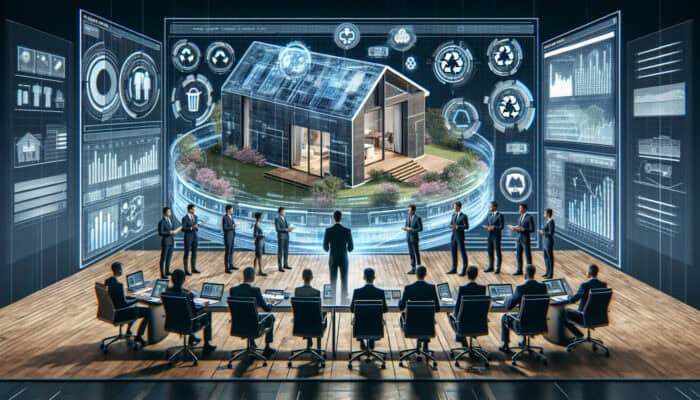 Experts in suits discuss UK house clearance compliance at a 2025 London conference around a holographic home display and documents.
