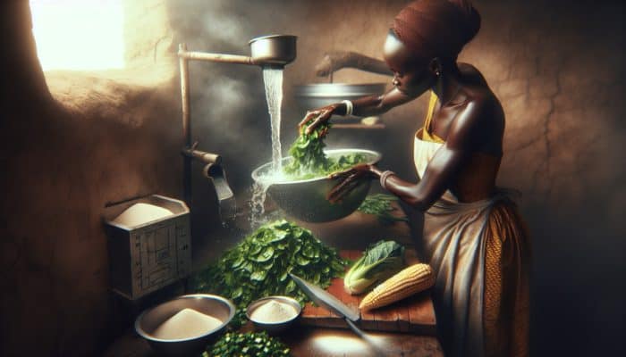 In a bustling African kitchen, a woman washes and chops fresh green vegetables while measuring maize flour and water.
