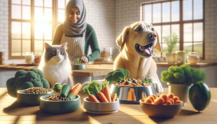 Fibre-Rich Foods for Pet Digestion: A healthy dog and cat happily eating carrots and greens in a sunny kitchen, with fresh produce bowls and a content pet owner.
