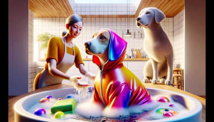 A person hand-washing a colourful pet raincoat in a sink with soapy bubbles, while a curious dog observes in a bright kitchen.