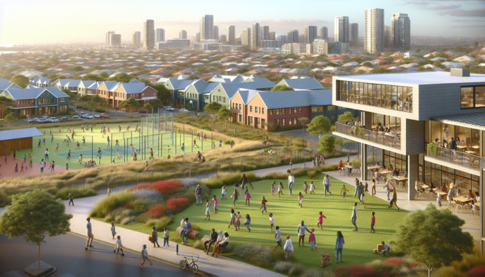 Vibrant Port Elizabeth neighborhood with tree-lined streets, children playing in parks, family events, and modern schools.