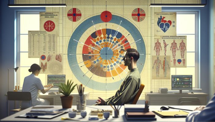 A 1960s UK clinic scene with a male patient receiving acupuncture for digestive health, blending TCM and modern aesthetics.