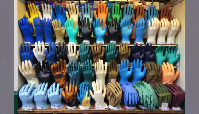 Latex Gauntlet Gloves in Chesham: A shop display in Chesham showcases various latex gauntlet gloves: blue household, black industrial, white food-safe, green medical, and brown gardening ones.