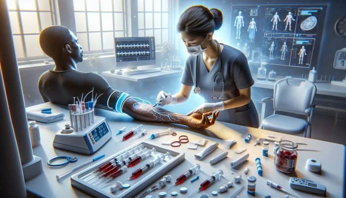 A focused nurse in scrubs draws blood from a patient's arm in a clean clinic, with syringes, test tubes, a glucose monitor, and charts on a sterile table.