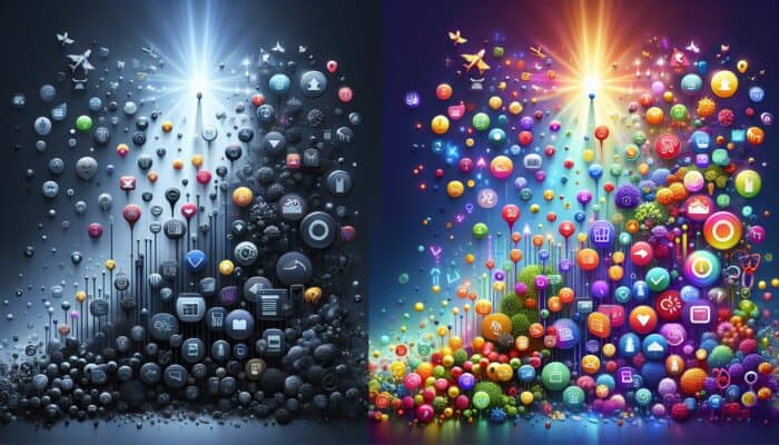 Visual representation of SEO's influence: a dim, underperforming product page with low traffic icons versus a vibrant one with ascending graphs and sales symbols.