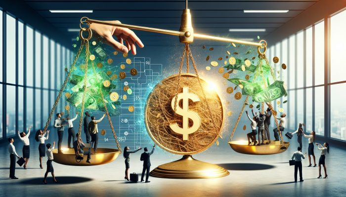 A balanced scale in a financial office: tangled debt chains merging into a golden loan versus people shaking hands on digital peer-to-peer transactions with floating green money icons.