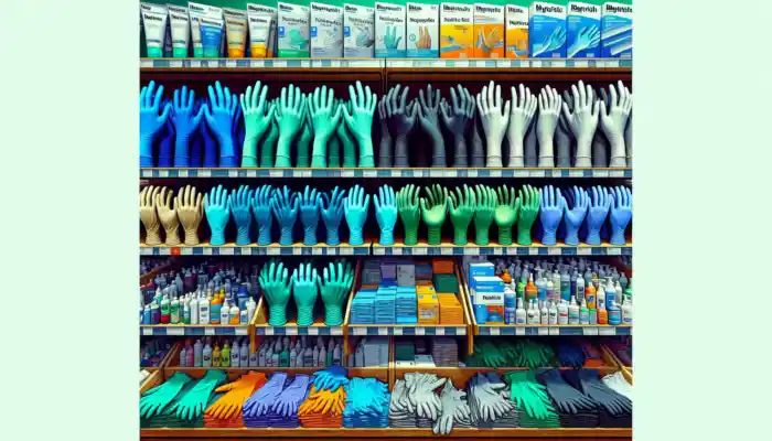 Buy Nitrile Gloves in Norwich: A display of nitrile gloves in a Norwich store, featuring blue medical, black industrial, and green disposable varieties on labeled shelves.