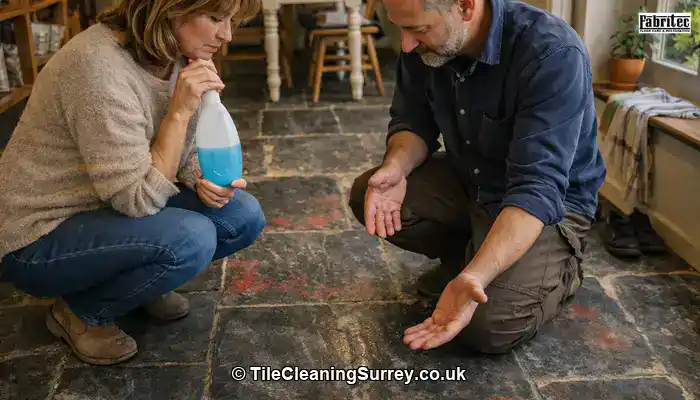 Homeowner concerned about slate floor marks while a specialist addresses residue and maintenance in a genuine Surrey kitchen.