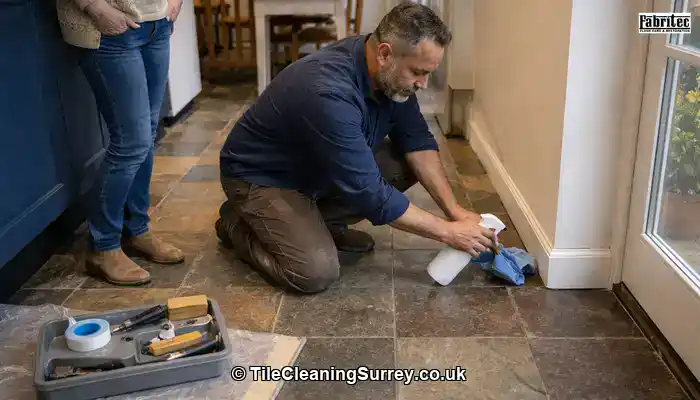 Specialist conducting a small test clean on a slate floor while a homeowner observes calmly in a lived-in Surrey home.