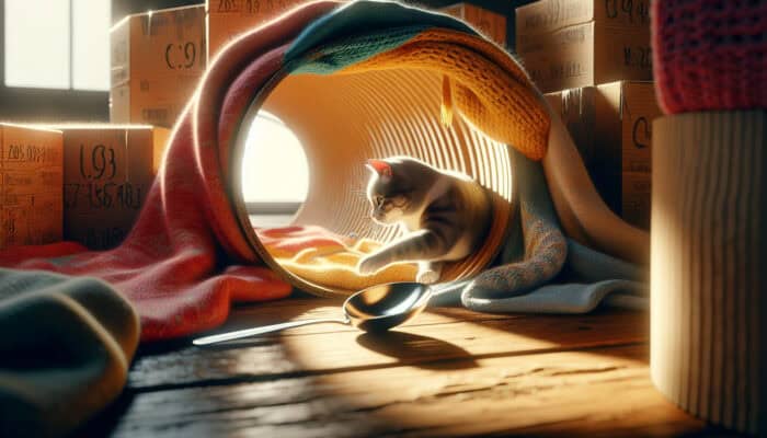 A curious cat hides in a colorful cardboard tunnel with blankets, batting at a shiny spoon on a sunlit wooden floor.