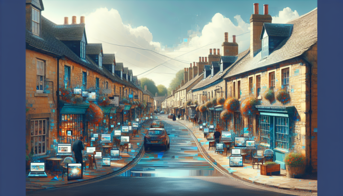 Vibrant illustration of Moreton-in-Marsh's high street with small shops, digital designs, owners viewing growth charts on laptops, and sunny Cotswolds cottages.
