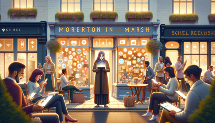 Bustling street in Moreton-in-Marsh with quaint shops, signs, and a shop owner updating Google My Business on a tablet; locals search on smartphones.