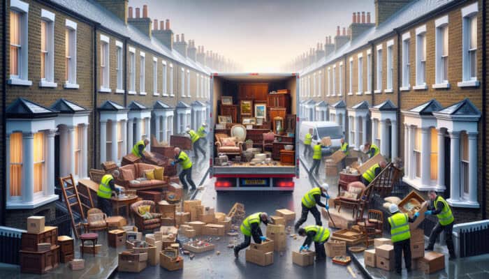 Workers in hi-vis jackets sort antique furniture and boxes into a van outside a rainy UK terraced house.