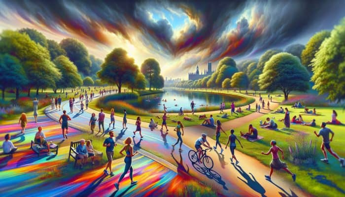 A lively UK park scene featuring diverse individuals engaging in walking, cycling, swimming, yoga, running, and gardening activities.