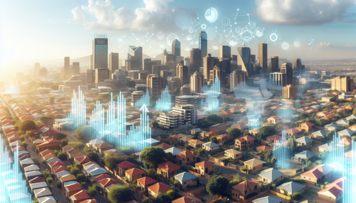 A vibrant aerial view of Randburg's property market showcasing modern skyscrapers alongside suburban homes, with upward trend graphs under a sunny sky.