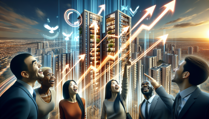 Bustling Randburg real estate market featuring high-rise apartments with 'For Rent' signs, investors studying graphs, and buyers touring properties under a vibrant skyline.