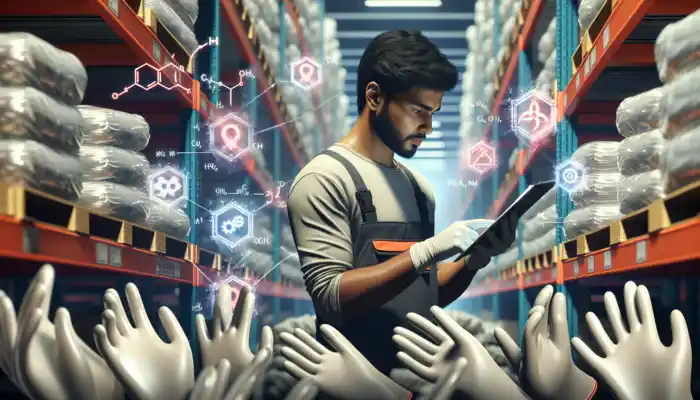 A worker in a bustling warehouse examines PVC gloves for BS EN 388 and BS EN 374 certifications, with mechanical gears and chemical symbols in the background.