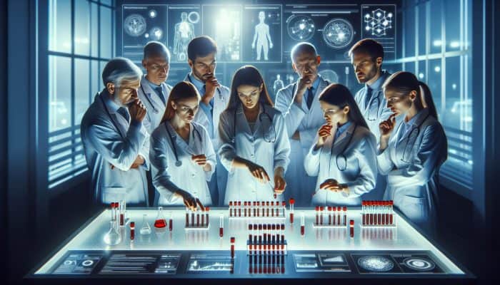 Medical experts in white coats discuss Vitamin B12 blood testing in a Daventry lab, examining samples and charts.